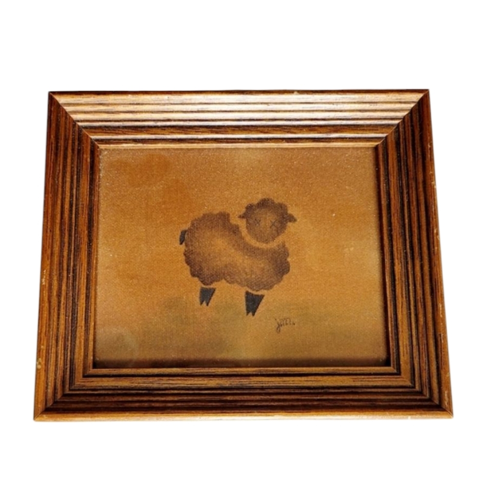 Original Vintage Theorem Painting In A Wooden Frame Of A Sheep By JoAnn Miller